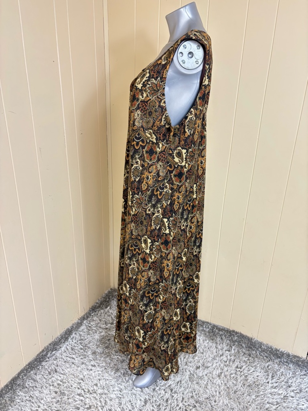 Studio I Floral Paisley chiffon Sleeveless Maxi Dress Green Brown Lined Size 22W - Picture 3 of 11
